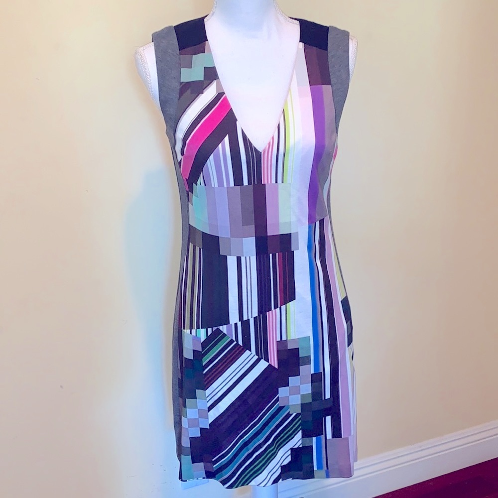 TRINA TURK Sheath Dress Pixlated Print Solid Black Back Elegant Office Siren